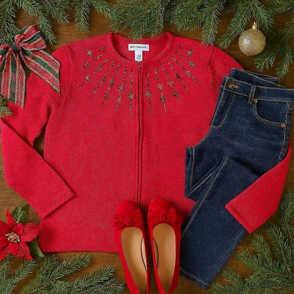 Serengeti Sweaters - NWT Serengeti Scandia Woods Beaded Holiday Zip Cardigan – Size XL